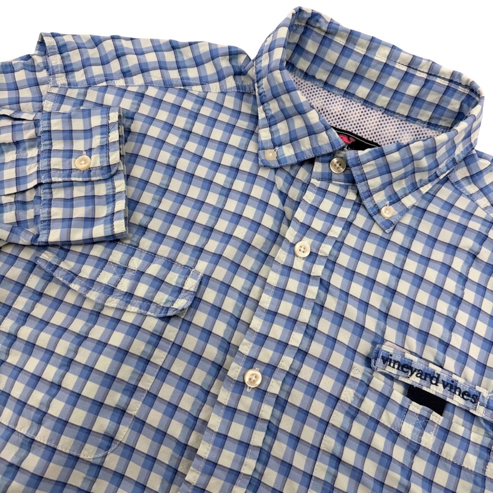 Vineyard Vines Harbor Seersucker Shirt Mens M Blue Gingham Performance Vented